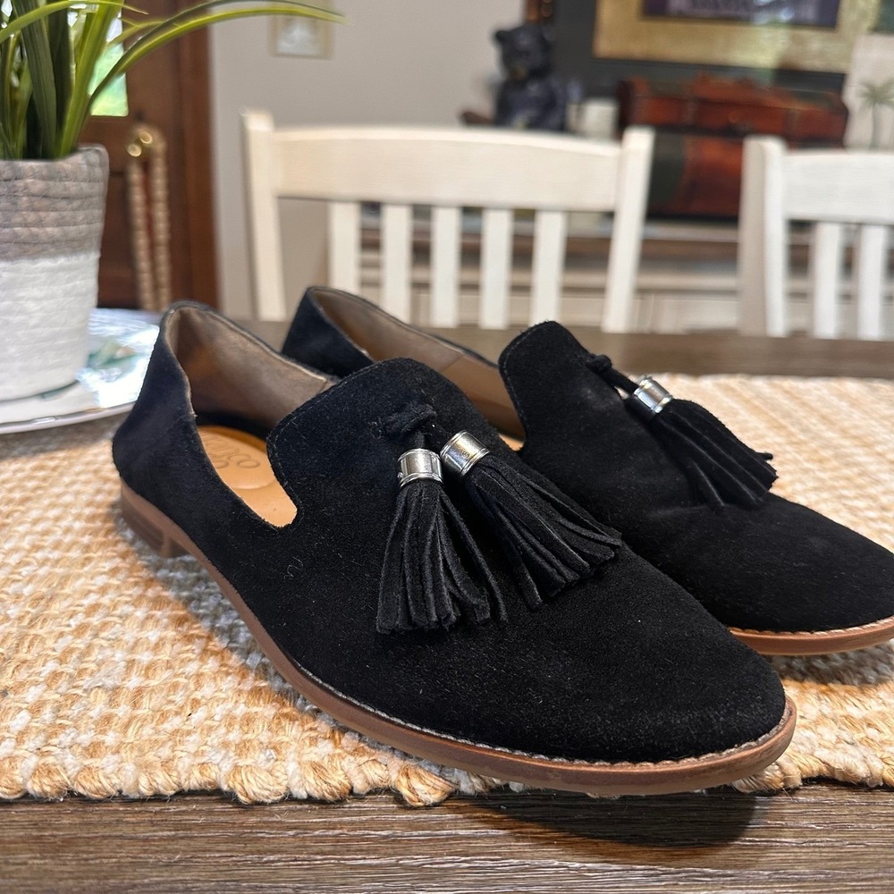 Franco Sarto L-Hadden Black Suede Leather Tassel Loafers Slip On Shoes 7.5M